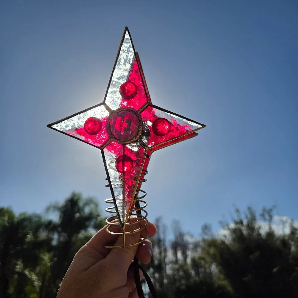 Vintage Tiffany Style‎ Stained Glass Christmas Tree Topper Lighted Red Gold